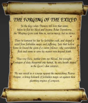 An aged scroll titled The Forging of the Exiled