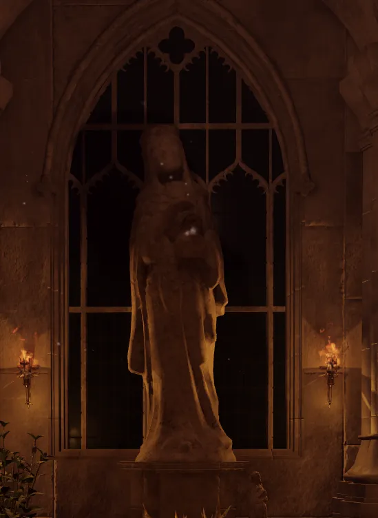 A robed Solar statue cradling an orb, lit by torches in a cathedral niche
